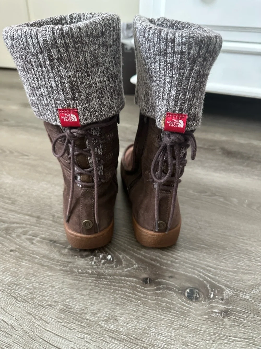 The North Face Brown Suede Winter Boots with Gray Knit Cuffs
